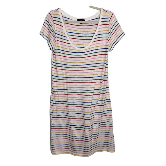 J Crew M Rainbow Stripe White Scoopneck T-shirt Dress Casual Summer Pride - Picture 1 of 5